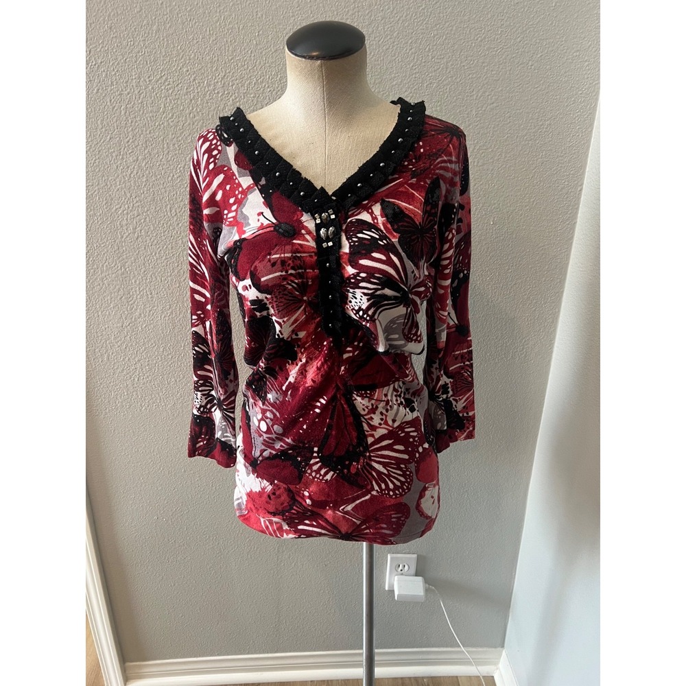 Alberto Makali Y2K Butterfly Top Womens M Beaded Sequin V Neck 3/4 Sleeve Red